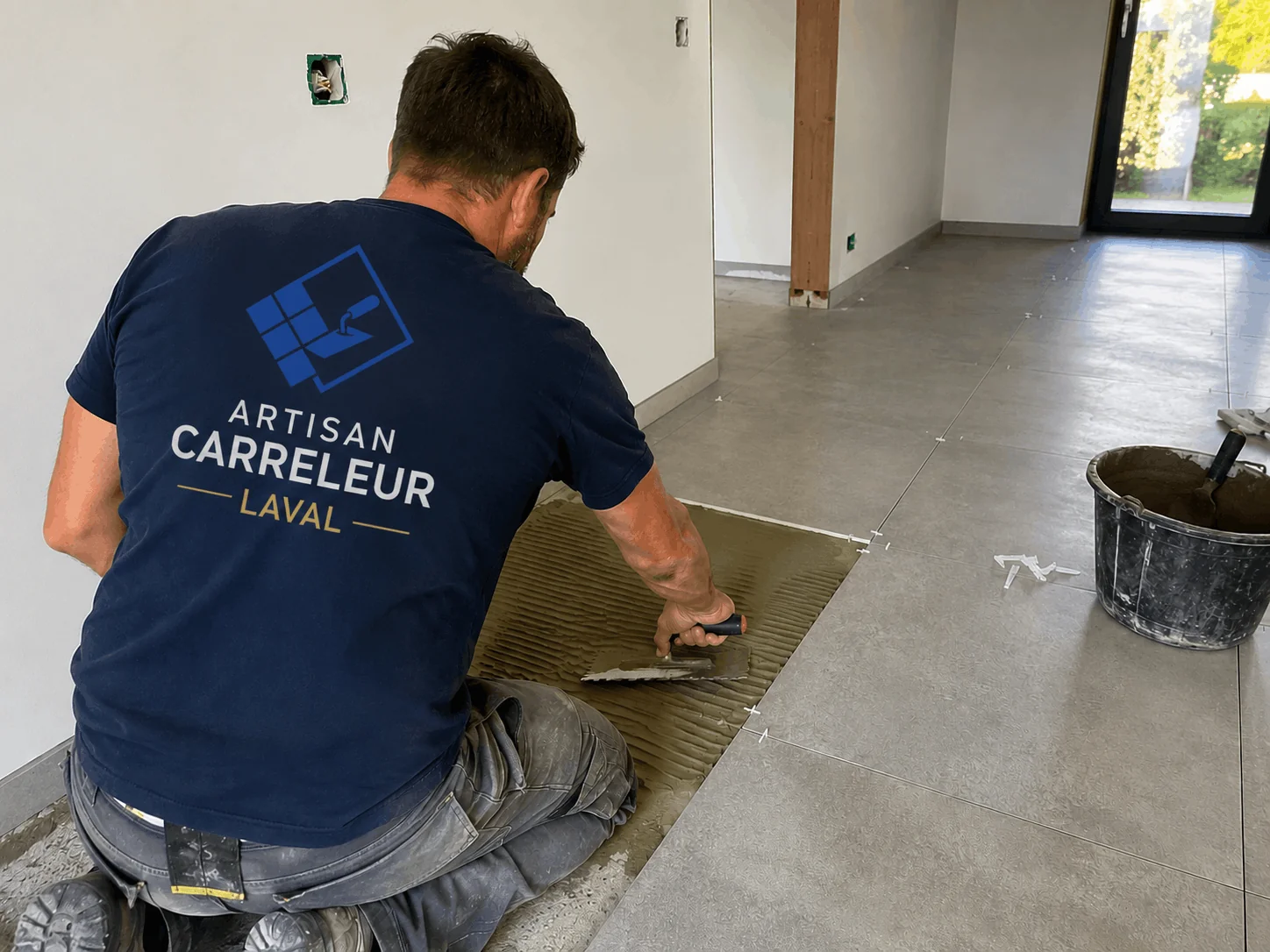 Artisan carreleur de Laval en action — application de la colle au peigne sur un grand format