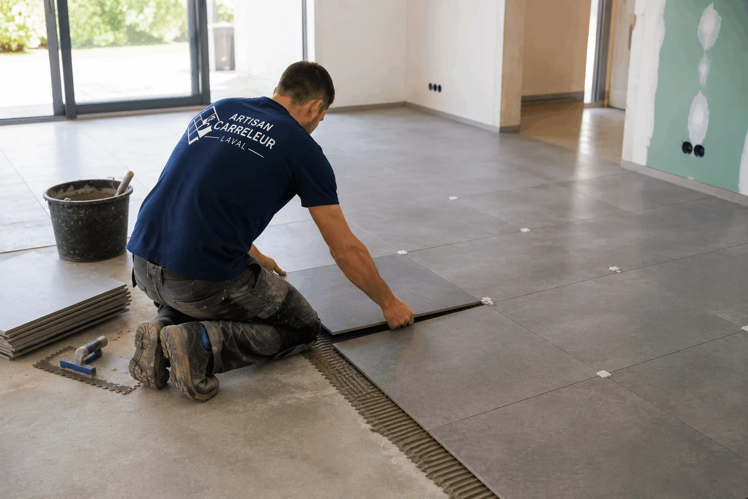 Pose de carrelage par un artisan à L'Huisserie