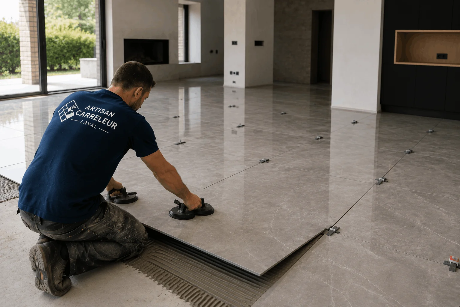 Pose de carrelage grand format 120x120 cm sur plancher chauffant à L'Huisserie