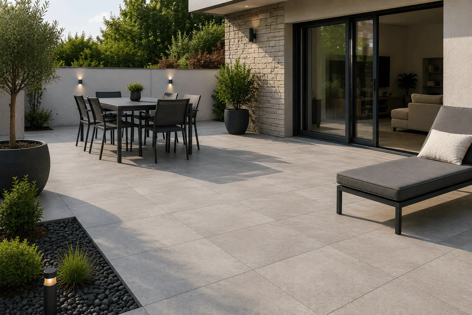 Terrasse extérieure en grès cérame R11 à L'Huisserie