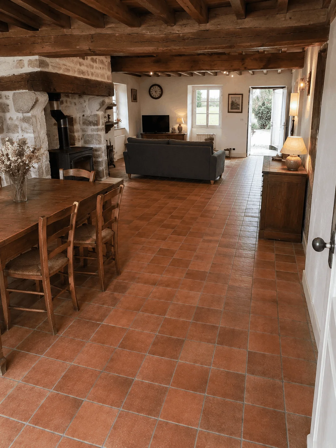 Rénovation longère mayennaise avec tomette terre cuite à Ahuillé