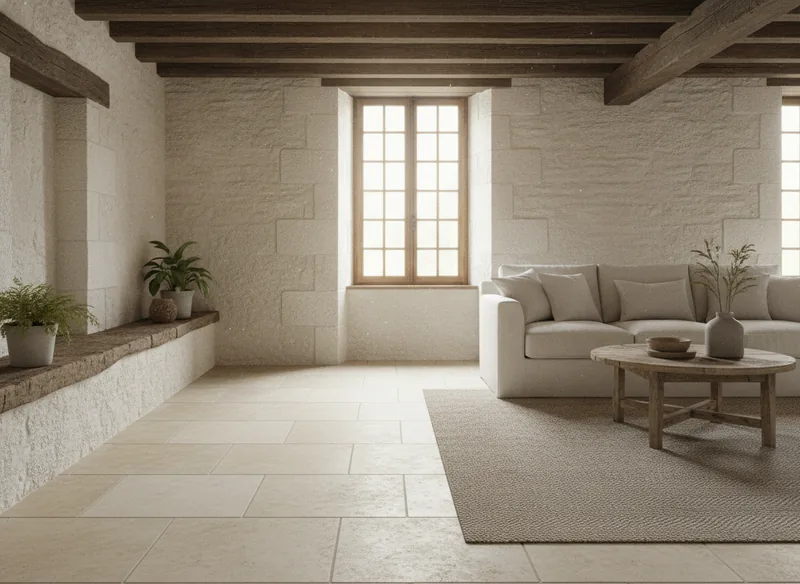 Pose de carrelage imitation pierre dans une maison de ville rénovée du quartier de la Doutre à Angers