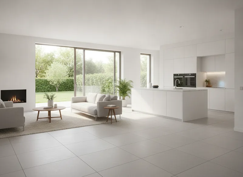 Pose de carrelage grand format 120x120 sur plancher chauffant dans une maison neuve à Bruz