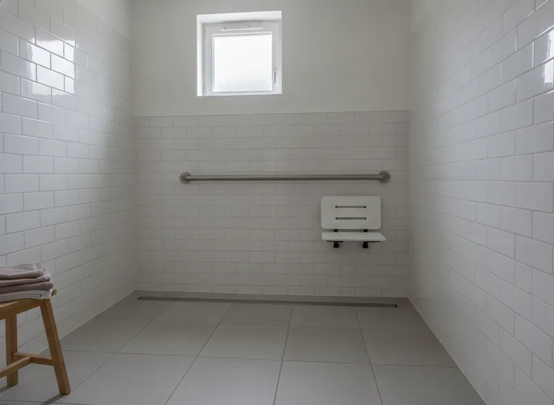 Salle de bain adaptée avec douche de plain-pied dans une maison de cité ouvrière à Flers