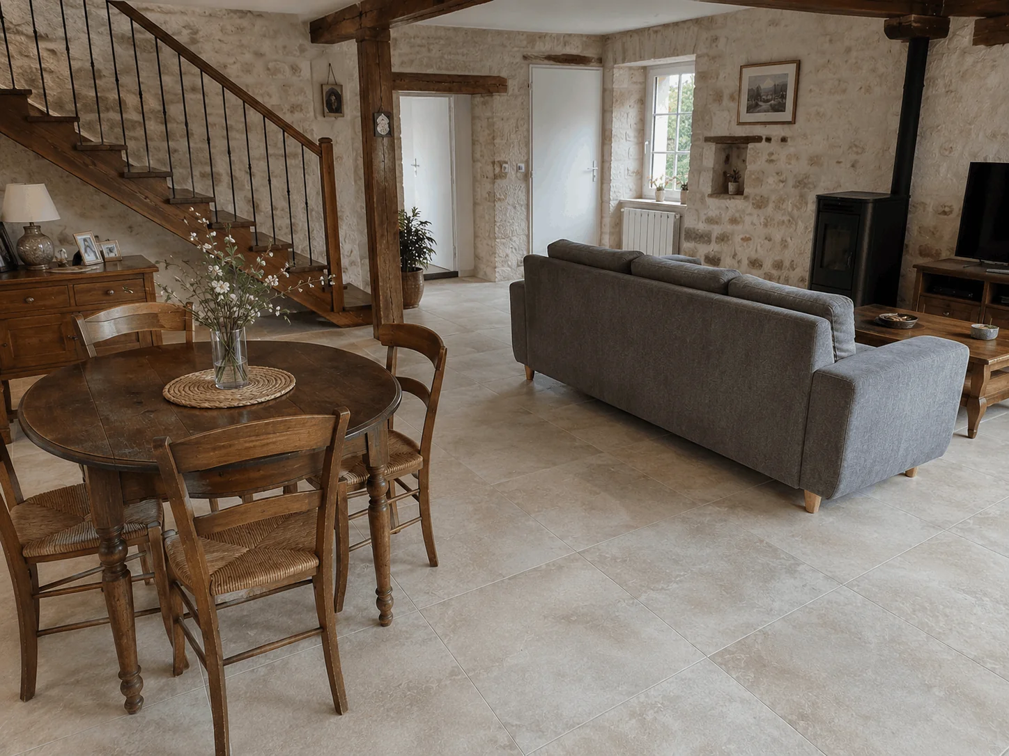 Rénovation carrelage imitation pierre dans une maison ancienne à Saint-Jean-sur-Mayenne