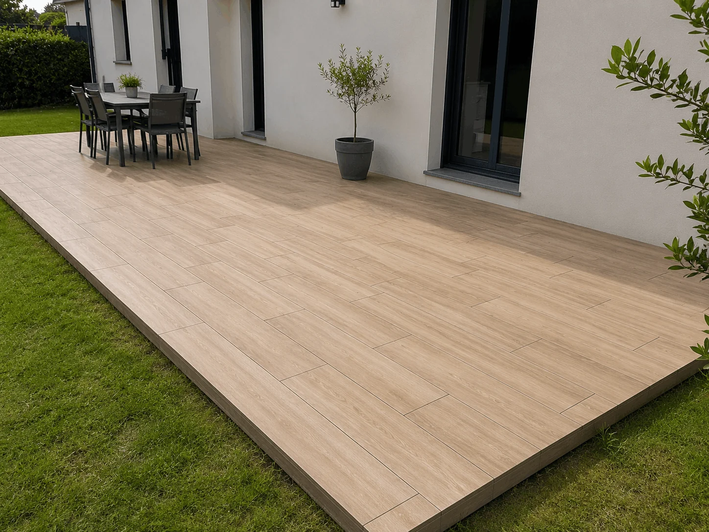 Terrasse extérieure 45 m² en grès cérame imitation bois posée sur plots à Changé
