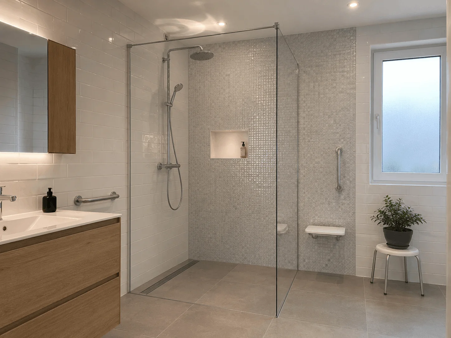Transformation complète d'une baignoire en douche à l'italienne avec mosaïque et caniveau linéaire à Laval