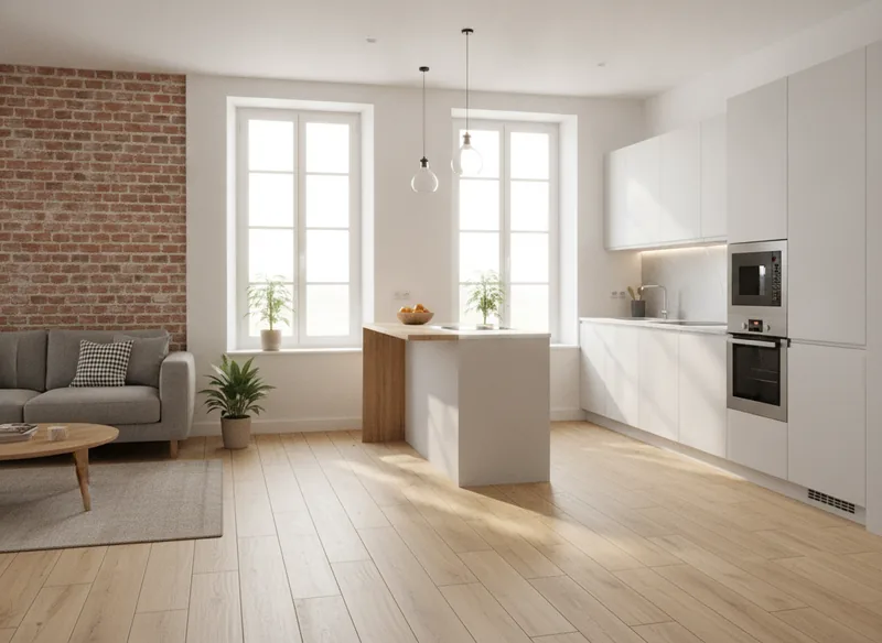 Pose de grès cérame imitation parquet dans une maison de ville rénovée à Vitré